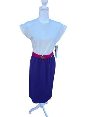 Vintage Dress Leslie Fay Belted Colorblock Midi Secretary Size 6P White/Purple